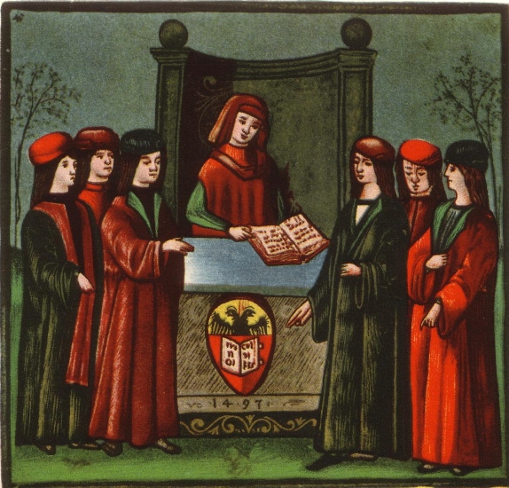 Students enter the „Natio Germanica Bononiae“, the german nation at the university of Bologna, image from the 15th century