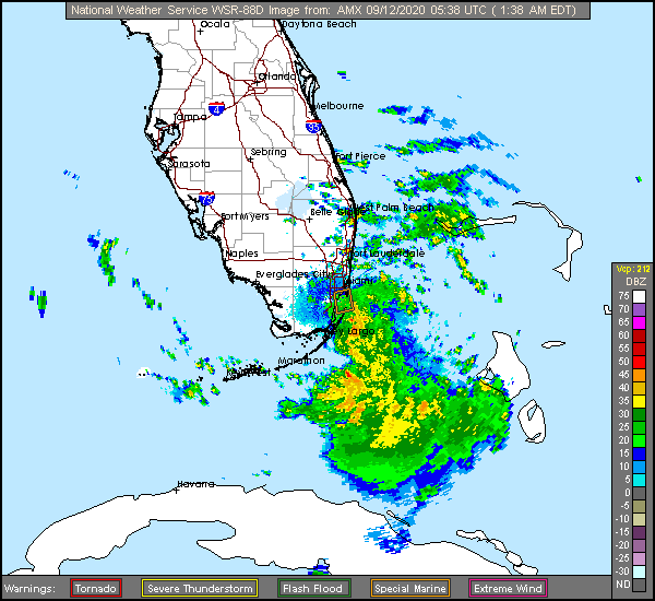 Tropical Depression Nineteen at landfall near Miami as seen from the NWS Miami radar on September 12