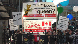 A demonstration on Parliament Hill by members of Citizens for a Canadian Republic during the installation ceremony of Governor General Michaelle Jean, 2005 CCR ottawa chapter 2005.jpg