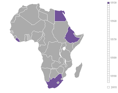 An animated map shows the order of independence of African nations, 1950–2011