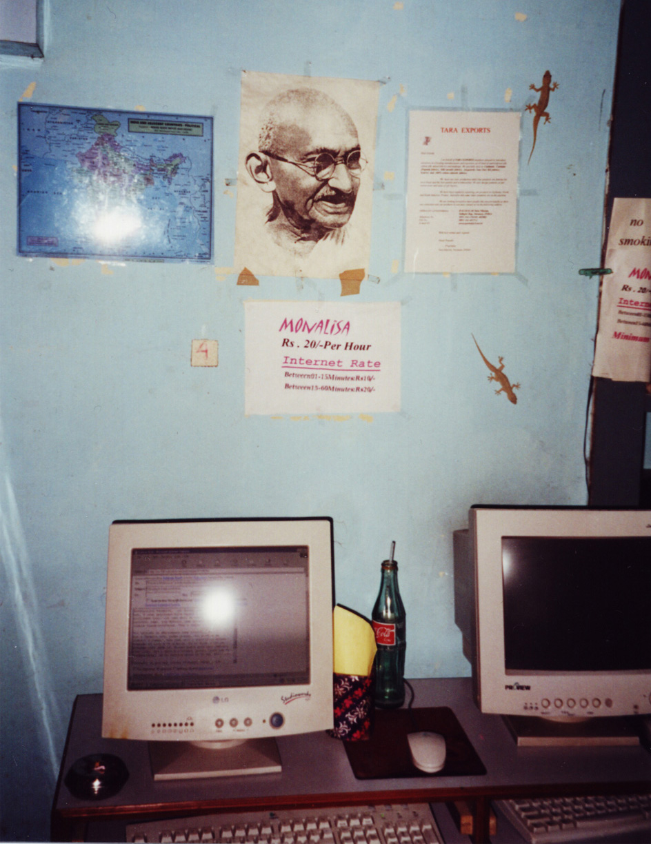 Gandhi picture in Internet café in Varanasi, India, 2001