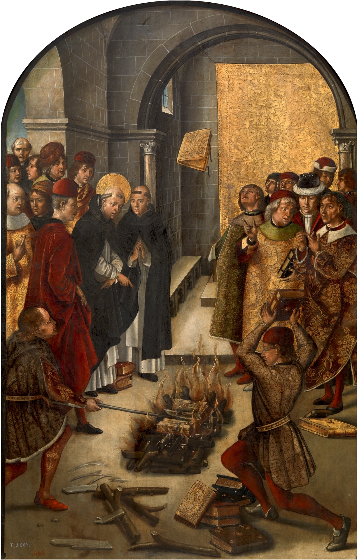 The burning of books condemned by the Inquisition.