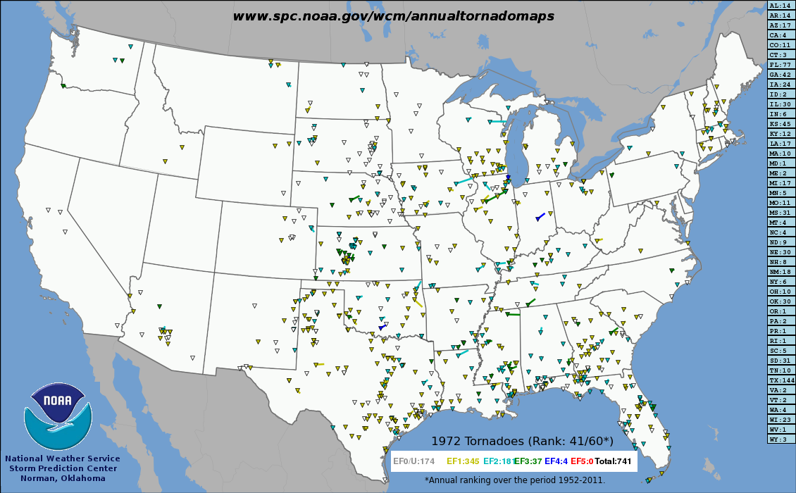 Tracks of all US tornadoes in 1972.