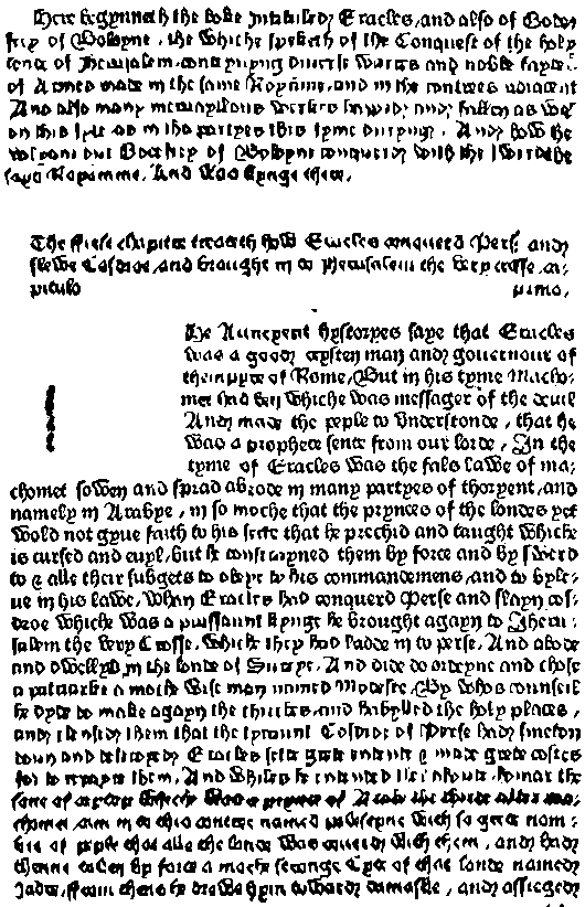 thumb Faksimile der Seite 1 von Godefrey of Boloyne, William Caxton, Westminster, 1481. Beginn des Prologs: Here begynneth the boke Intituled Eracles, and also Godefrey of Boloyne, the whiche speketh of the Conquest of the holy lande of Jherusalem.