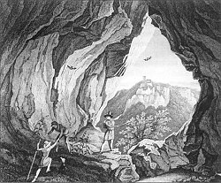 Burgruine Reussenstein vom Heimenstein aus, Stahlstich aus der Zeit um 1845