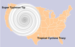 Tamaños relativos de los Estados Unidos, el tifón Tip y el ciclón Tracy, el mayor y uno de los menores ciclones registrados, respectivamente.