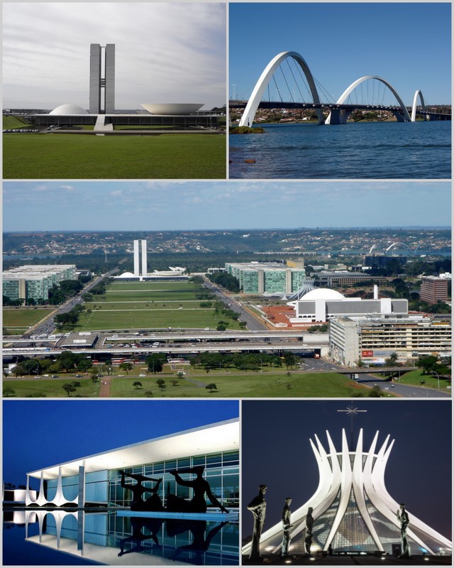 Da esquerda para a direita: Congresso Nacional do Brasil, Ponte JK, Eixo Monumental, Palácio da Alvorada e Catedral Metropolitana de Brasília.