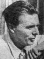 Blurry monochrome head-and-shoulders portrait of Aldous Huxley, facing viewer's right, chin a couple of inches above hand