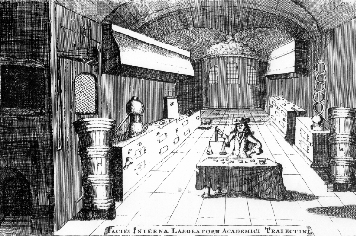 Johann Conrad Barchusen (1666-1723) in his laboratory on Sonnenborgh in Utrecht, Belgium (from his book ELEMENTA CHEMIAE, quibus subincta est confectura lapidis philosophici imaginibus repraesentata. Theodorum Haak, Lugduni Batavorum 1718)