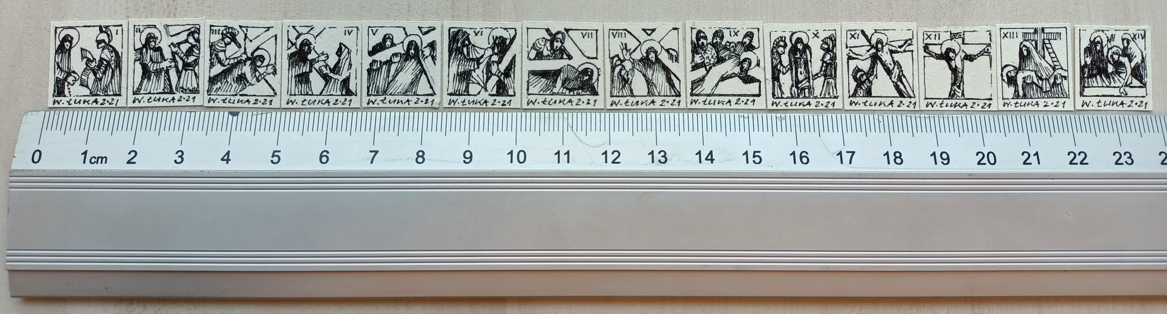The Stations of the Cross (is one of the smallest in the world);[6][7] 2021; black ink on paper; a set of the traditional 14 scenes (14 a squares 15 x 15 mm) from Muzeum Miniaturowej Sztuki Profesjonalnej Henryk Jan Dominiak in Tychy.