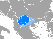 Utbredning av det makedonska språket. Mörkblått: majoritetsspråk.