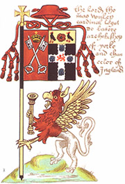 Heraldic banner of Cardinal Thomas Wolsey, who was the archbishop of York and lord chancellor, showing the arms of the See of York impaling his personal arms, with a cardinal's hat above. The griffin supporter holds the lord chancellor's mace Wolsey banner.jpg