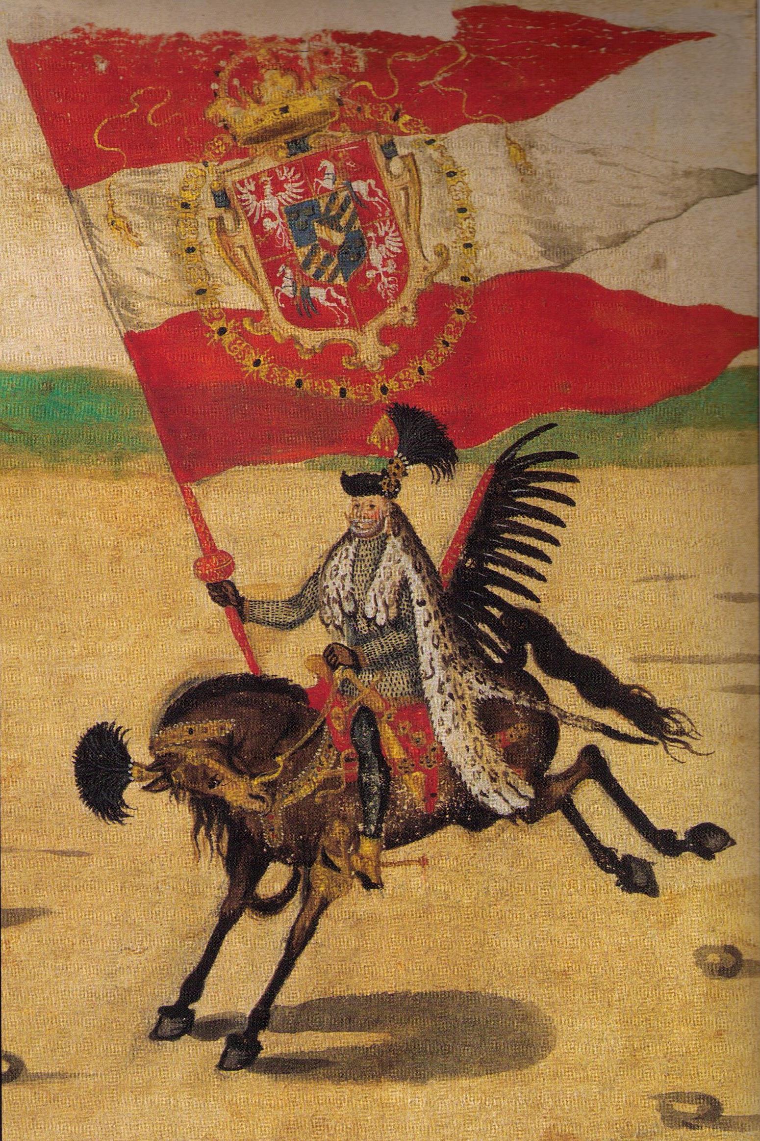 Grand Standard Bearer of the Polish Crown (Chorąży Wielki Koronny), Sebastian Sobieski, at the wedding procession of King Sigismund III of Poland and Sweden, as painted anonymously on the Stockholm Roll (c. 1605).