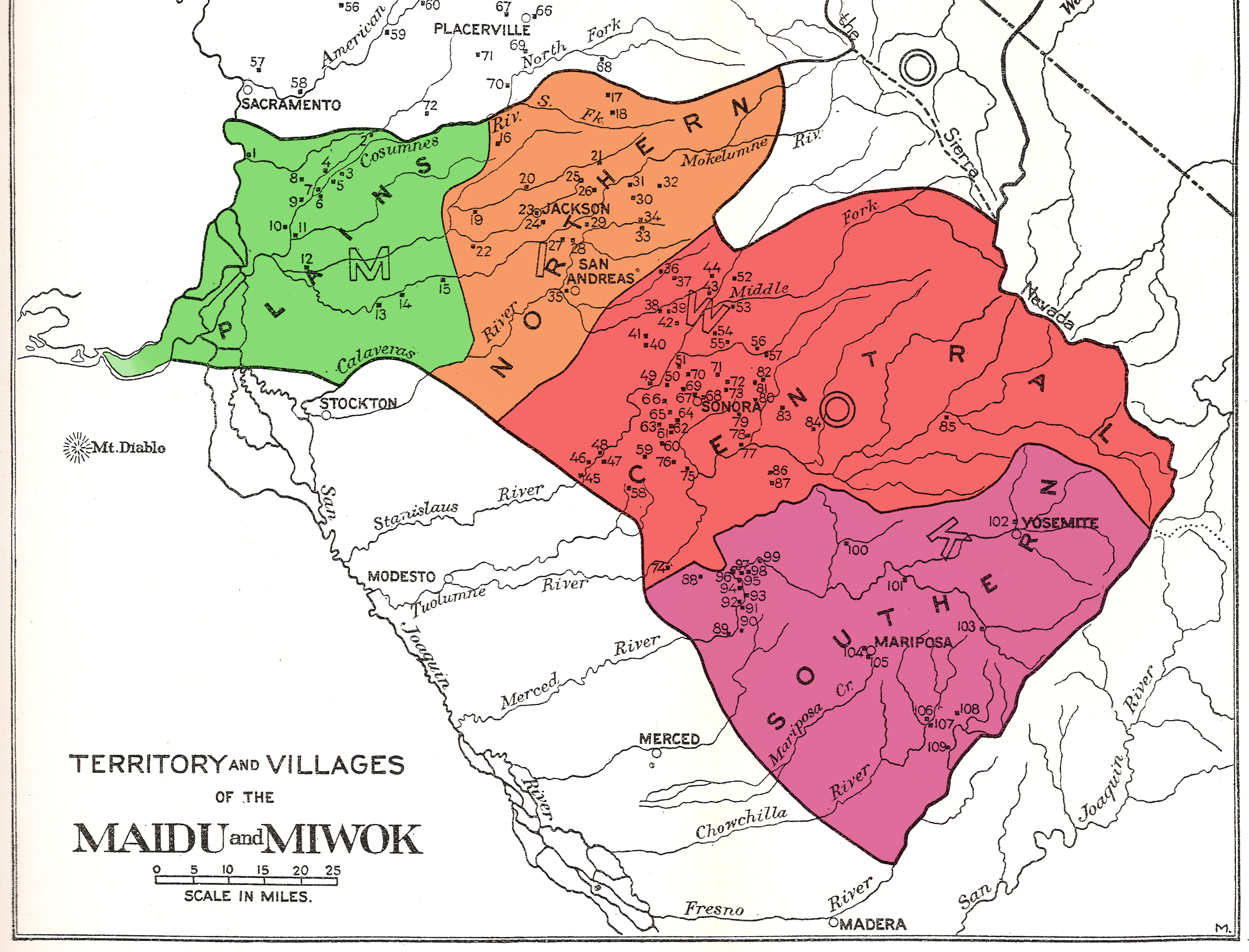 Map of the territory and villages (not exhaustive) of the Plains and Sierra Miwok (after Kroeber 1925).