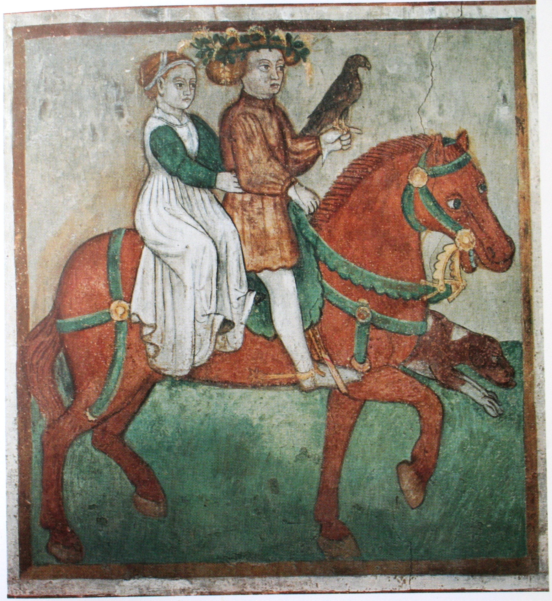 Ein junges Paar reitet zur Falkenjagd: Darstellung des Monats Mai in einer Wandmalerei der Kirche Sta. Maria del Castello, 13. Jh.