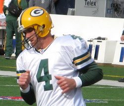 Green Bay Packers quarterback Brett Favre duri...