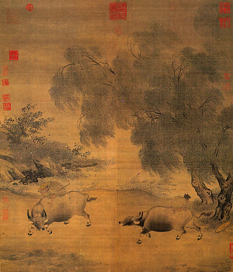 Homeward Oxherds in Wind and Rain (風雨歸牧圖), by Chinese artist Li Di, 12th century, ink and color on silk. 