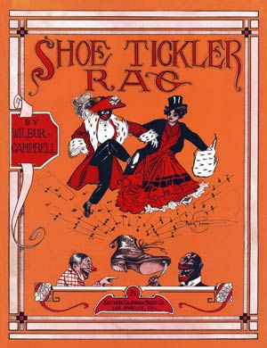Black, white and orange drawing of two lively dancers, one in blackface, dressed in country clothes.