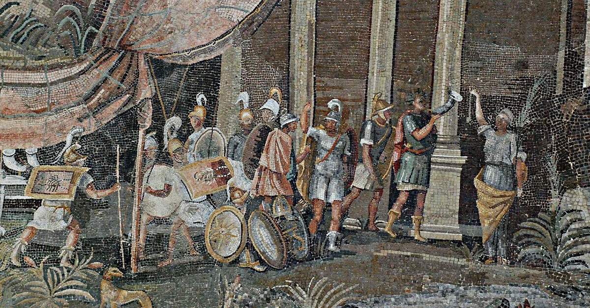 Hellenistic soldiers circa 100 BCE, Ptolemaic Kingdom, Egypt. Detail of the Nile mosaic of Palestrina.