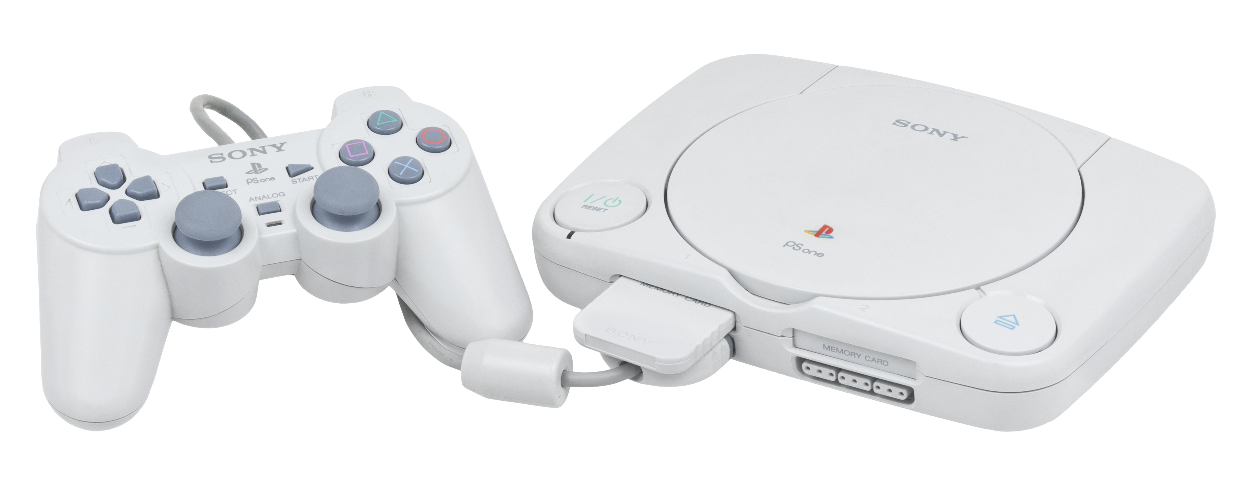 Top: PlayStation logo, original model with DualShock controller. Bottom: the smaller redesigned PSone.