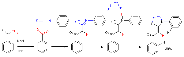 Reakce acetofenon-enolátu s fenylisothiokyanátem. V této syntéze v jedné nádobě [6] je konečným produktem reakce thiazolidin. Tato reakce je stereoselektivní s tvorbou pouze Z-izomeru.