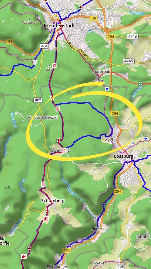 Diese Karte zeigt den Schlänker zum Vogteiturm bei Loßburg auf der 5ten Ostwegetappe