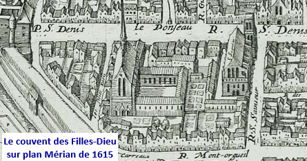 Couvent des Filles-Dieu, rue Saint-Denis sur plan Mérian de 1615.