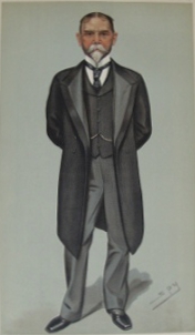 Colored drawing of a man in a 19th-century suit with a frock coat, waistcoat, black tie and moustache and goatee, standing facing forward, his hands behind his back