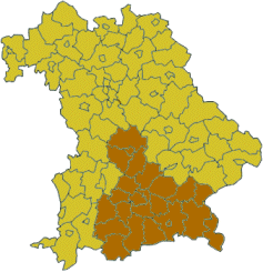 Map of Bavaria highlighting the Regierungsbezirk of اوبر بائرن