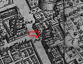 San Caio (vid den röda pilen) på Giovanni Battista Faldas Rom-karta från 1667.