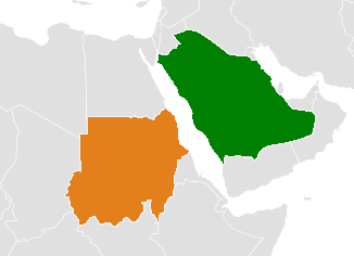 Mapa indicando localização da Arábia Saudita e do Sudão.