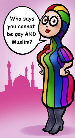 Gay Muslim woman in a rainbow striped hijab