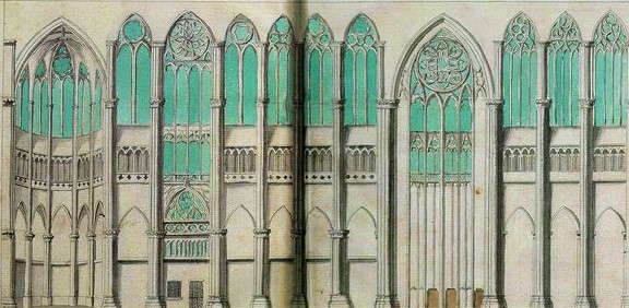 Coupe longitudinale d'une église gothique allant de l'abside jusqu'à la troisième travée de la nef (dessin en couleurs).