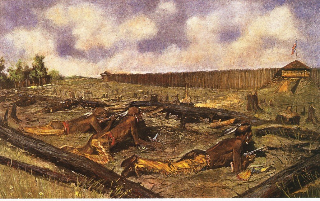 Depiction of the 1763 Siege of Fort Detroit by Frederic Remington.