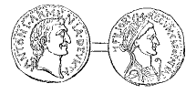Münze mit Marcus Antonius auf der Vorderseite, Kleopatra auf der Rückseite