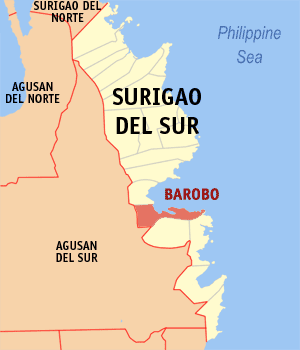 Mapa sa Surigao del Sur nga nagpakita kon asa nahimutang ang Barobo