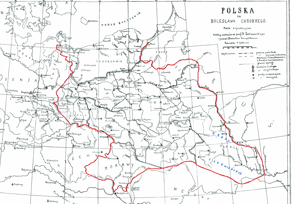 Karte von Polen von 1018-1031 für Bolesław den Tapferen und Mieszko II nach Prof. Stanisław Zakrzewski ("Bolesław der Tapfere/ der Große", 1925).