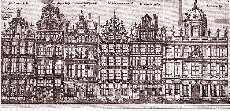 La Maison du Roi d'Espagne (première à droite) et ses voisines. Dessin de Ferdinand-Joseph Derons (1727).