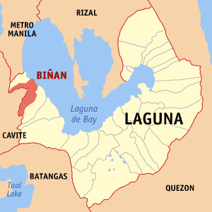 Mapa han Laguna nga nagpapakita kon hain nahimutang an Biñan