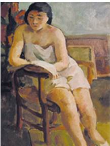 Femme en chemise assise lisant (années 1920), localisation inconnue.