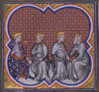 Teilung von Frankreich durch die 4 Söhne von Clovis (Chlodwig), aus den Grandes Chroniques de France, 14. Jahrhundert, public domain/gemeinfrei