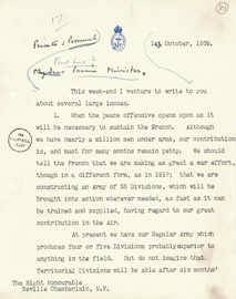 Первая страница письма Черчилля Чемберлену, 1939 г.