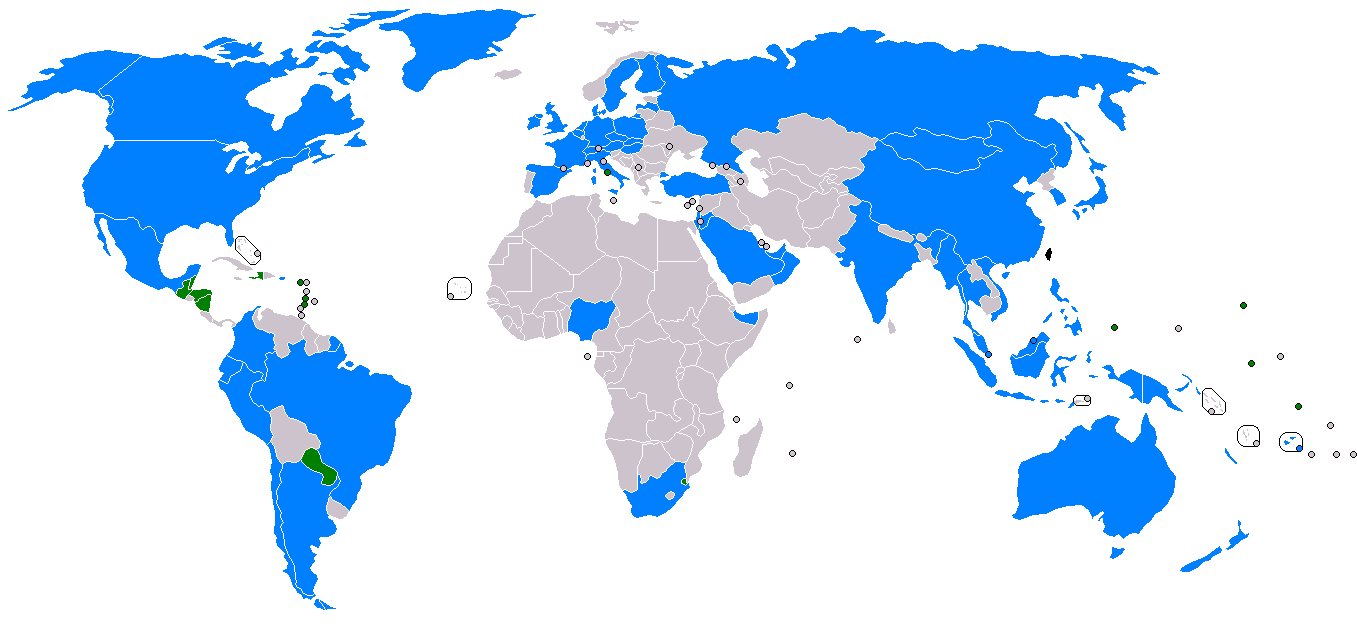 A map of the world showing 23 highlighted countries. Only a few small countries recognize the ROC, mainly in Central, South America and Africa.