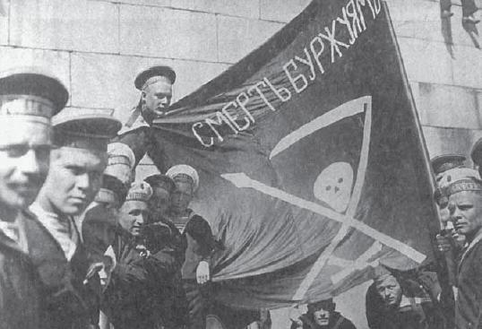 Revolutionary Kronstadt sailors with the flag of "Death to the bourgeoisie."