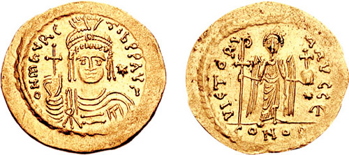 Sólido bizantino del reinado de Mauricio.