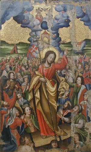 An icon of the Resurrection of Jesus Christ, which is celebrated throughout Eastertide Uvaskresenne - Sykhodzhanne u pekla. Kanets XVII st. Z Dzisny Vitsebskai vobl. Natsyianal'ny mastatski muzei.jpg