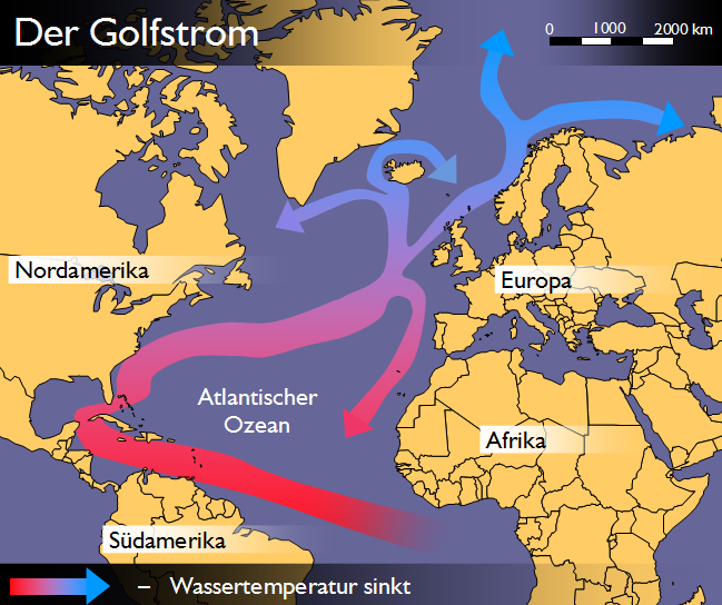 Golfstrom-Abschaltung mit Folgen Golfstromkreislauf vor der Abschaltung<br><small>Quelle: http://upload.wikimedia.org/wikipedia/commons/7/7f/Golfstrom_Karte_2.png</small>