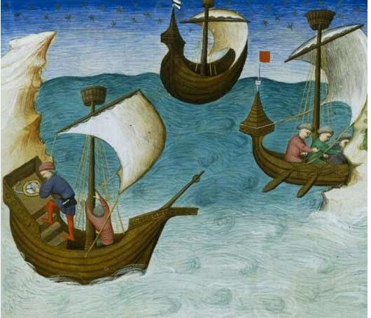 Medieval illumination showing a mariner consulting a compass aboard a ship. It is the first known depiction of the use of compass on board a ship. The illustration is from a 1403 manuscript copy of Jehan de Mandeville (John Mandeville), Le livre des merveilles (originally published c.1355-57). The 1403 manuscript is held by the Bibliotheque national de France in Paris, B MS fr 2810, fol.188v.