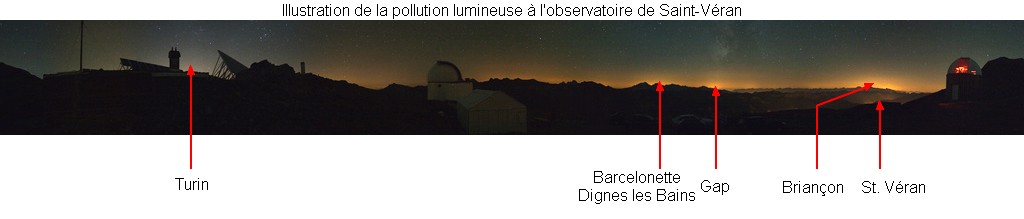 Illustration de la pollution lumineuse apportée par les grandes villes à l'observatoire de St. Véran (France)