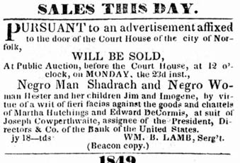 Newspaper notice for slave Shadrach Minkins for sale.